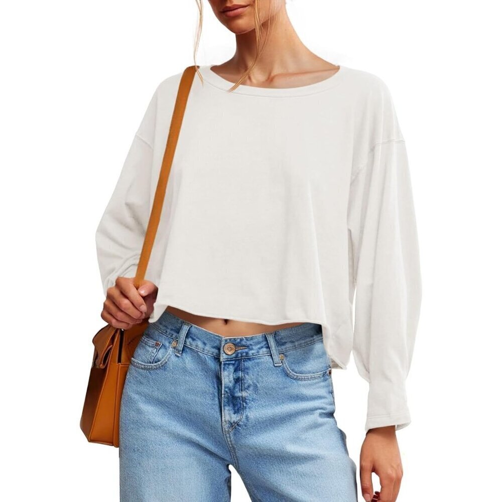 Womens Cotton Crop Top Long Sleeve Crew Neck Oversized Workout T-Shirt